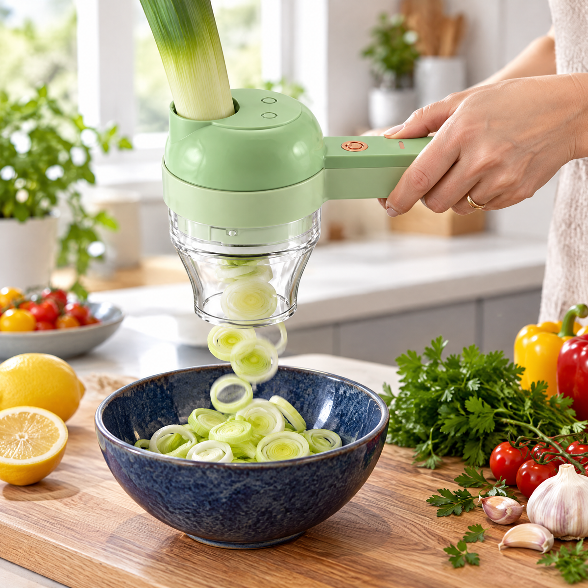 Slicing a leek one-handed into a bowl