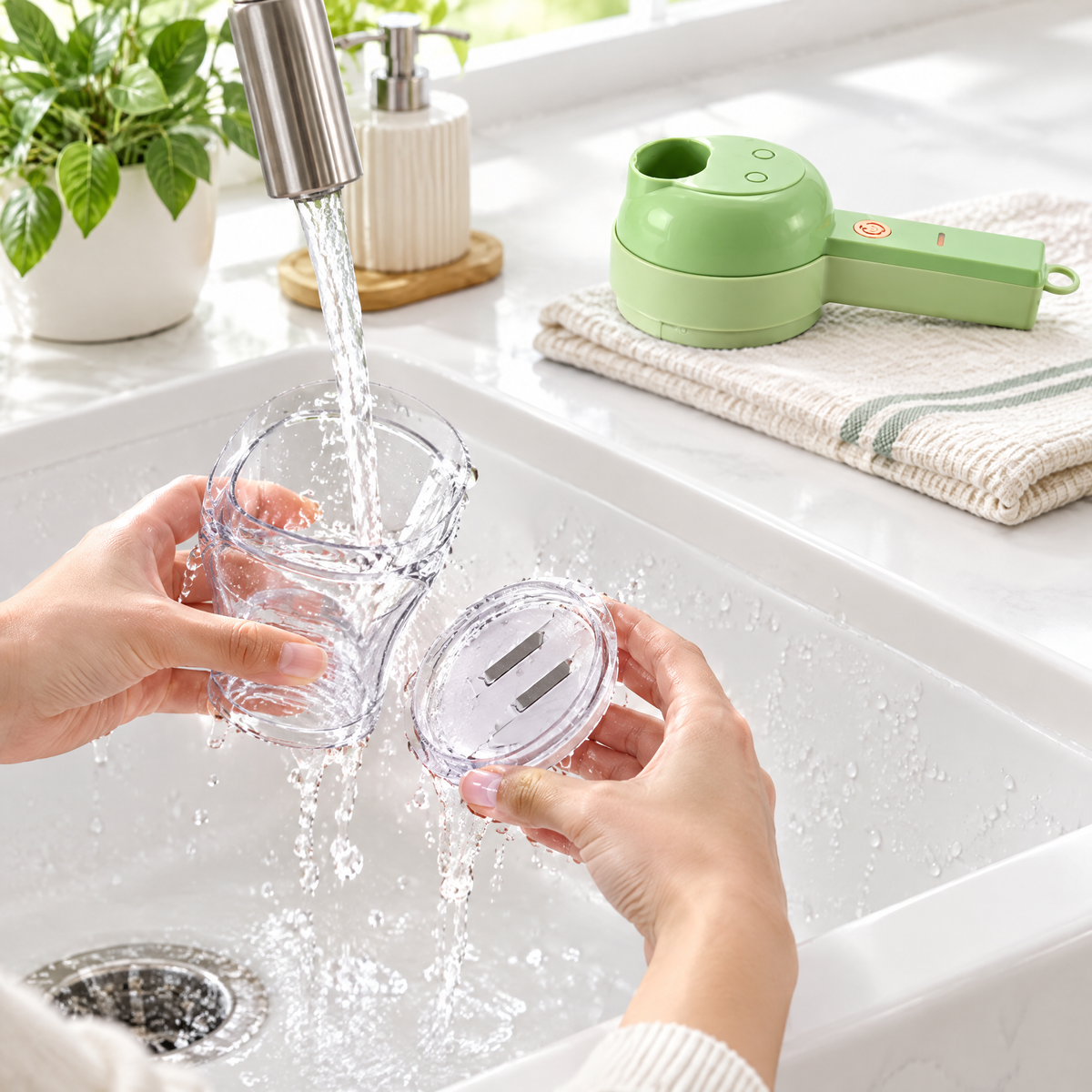 Rinsing the detachable chute under the tap